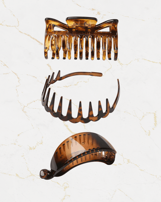 tortoiseshell hair clip set with large claw clip, headband, and banana clip
