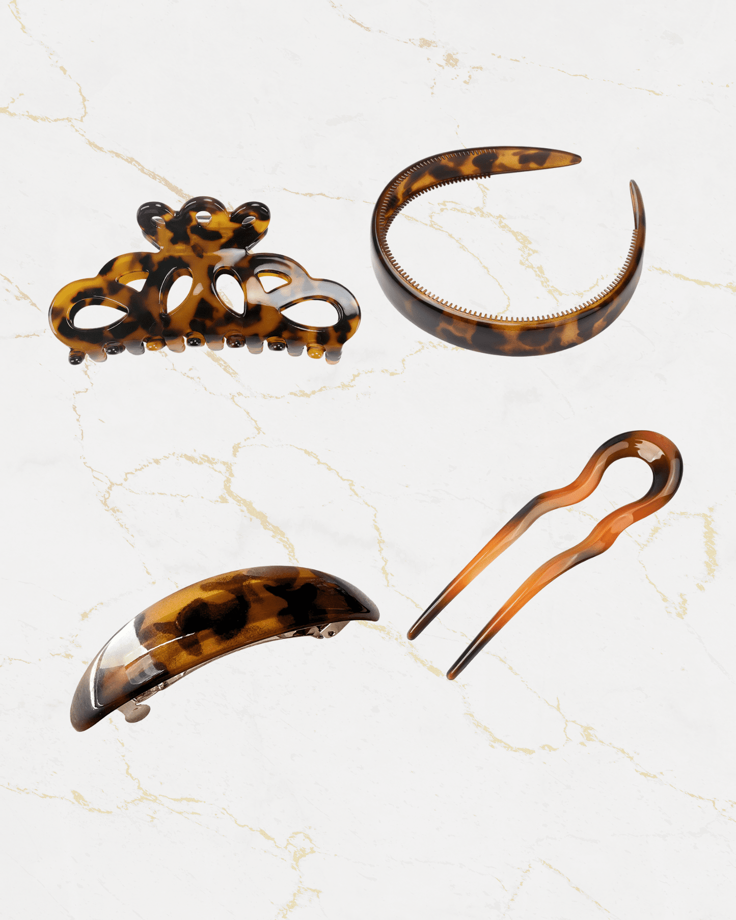 french amber hair accessory set with claw clip, headband, barrette, and hair fork
