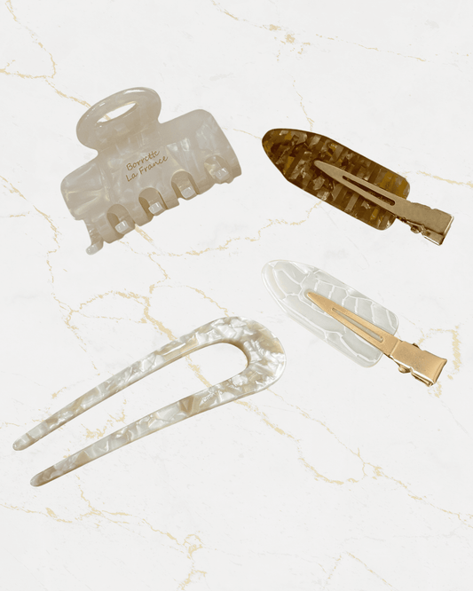 pearl light hair accessories set with claw clip, hair fork, and side barrettes
