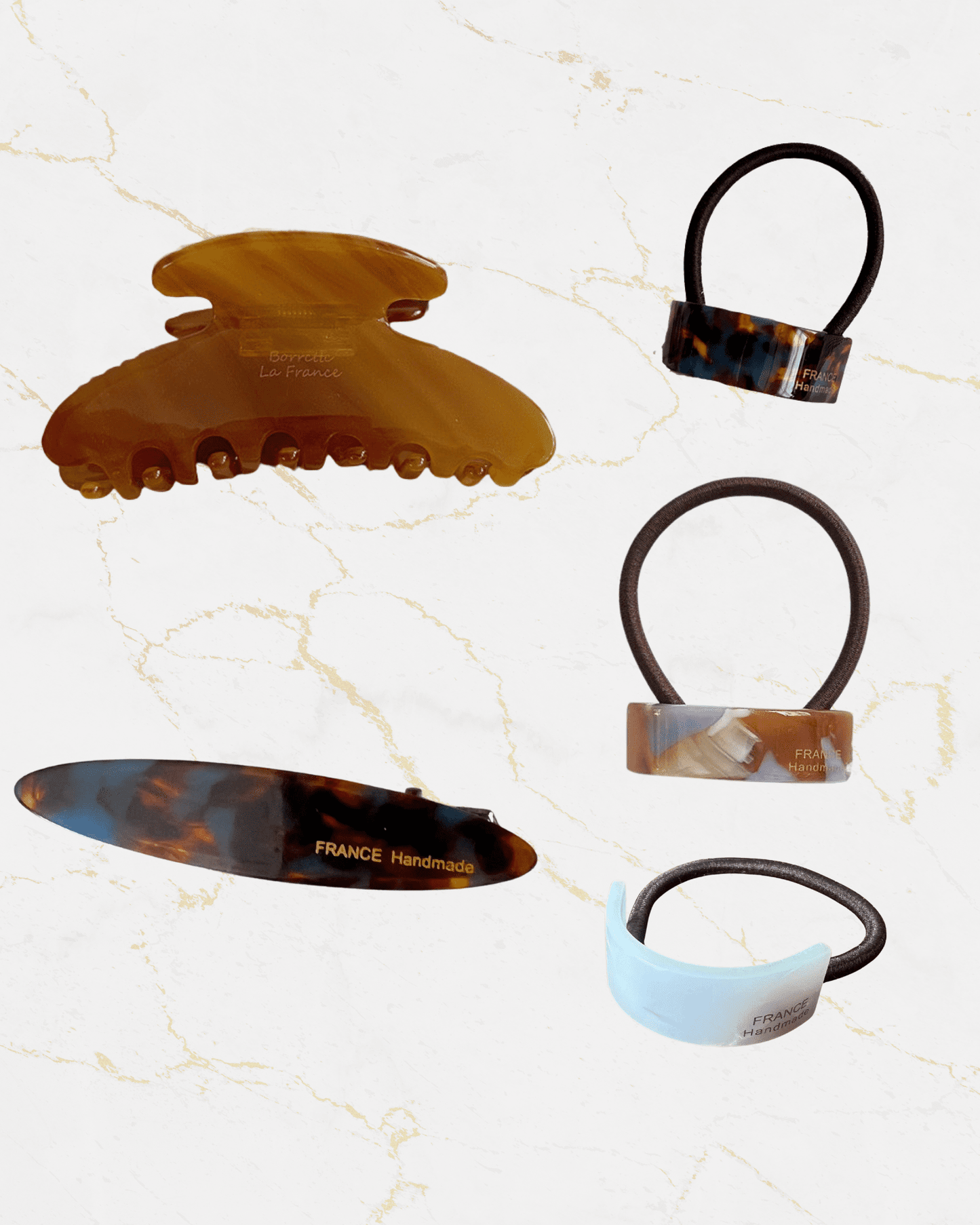 french everyday hair accessories set with claw clip, barrette, and hair ties
