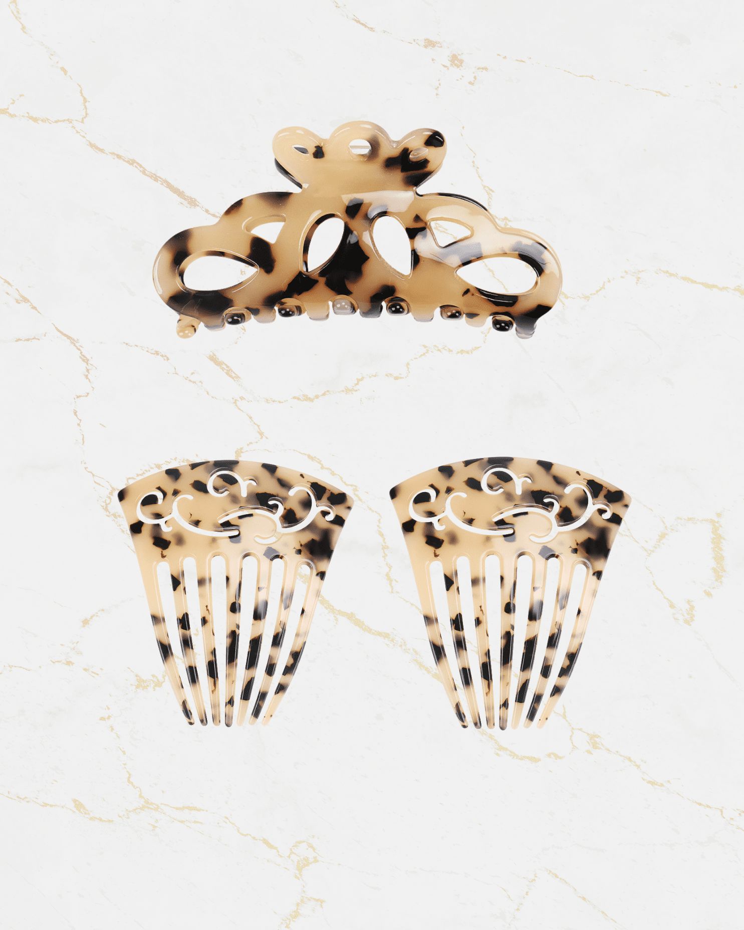 cream tortoiseshell hair clip set with decorative claw clip and hair combs
